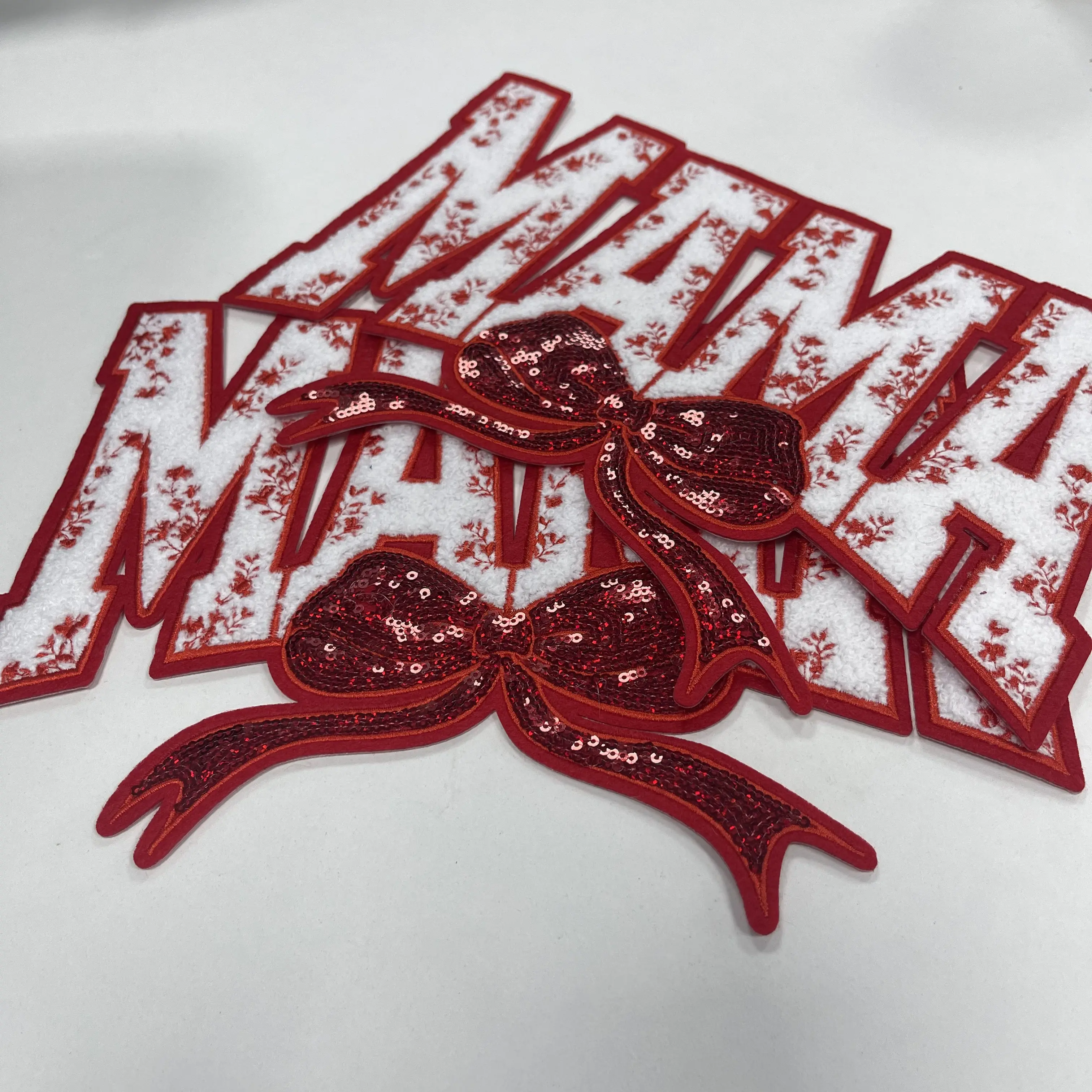 Red Chenille MAMA Bow Iron-On Patches - Whimsical, Playful Embroidered Design with Sequin Accents, Glitter Finish, DIY Sewing Accessory for Clothing & Backpacks Decoration, Adds Personality, Bow Embroidery