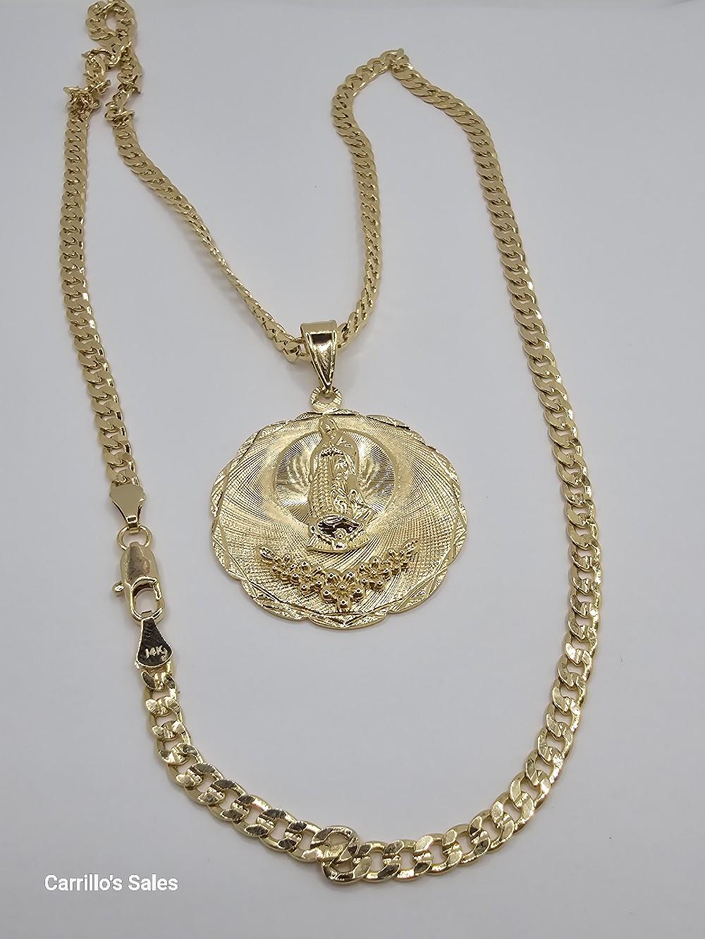 VIRGIN MARY with flowers  Cuban necklace style gold-plated beautiful design no fade no tarnish just don't take long showers with them gold over stainless