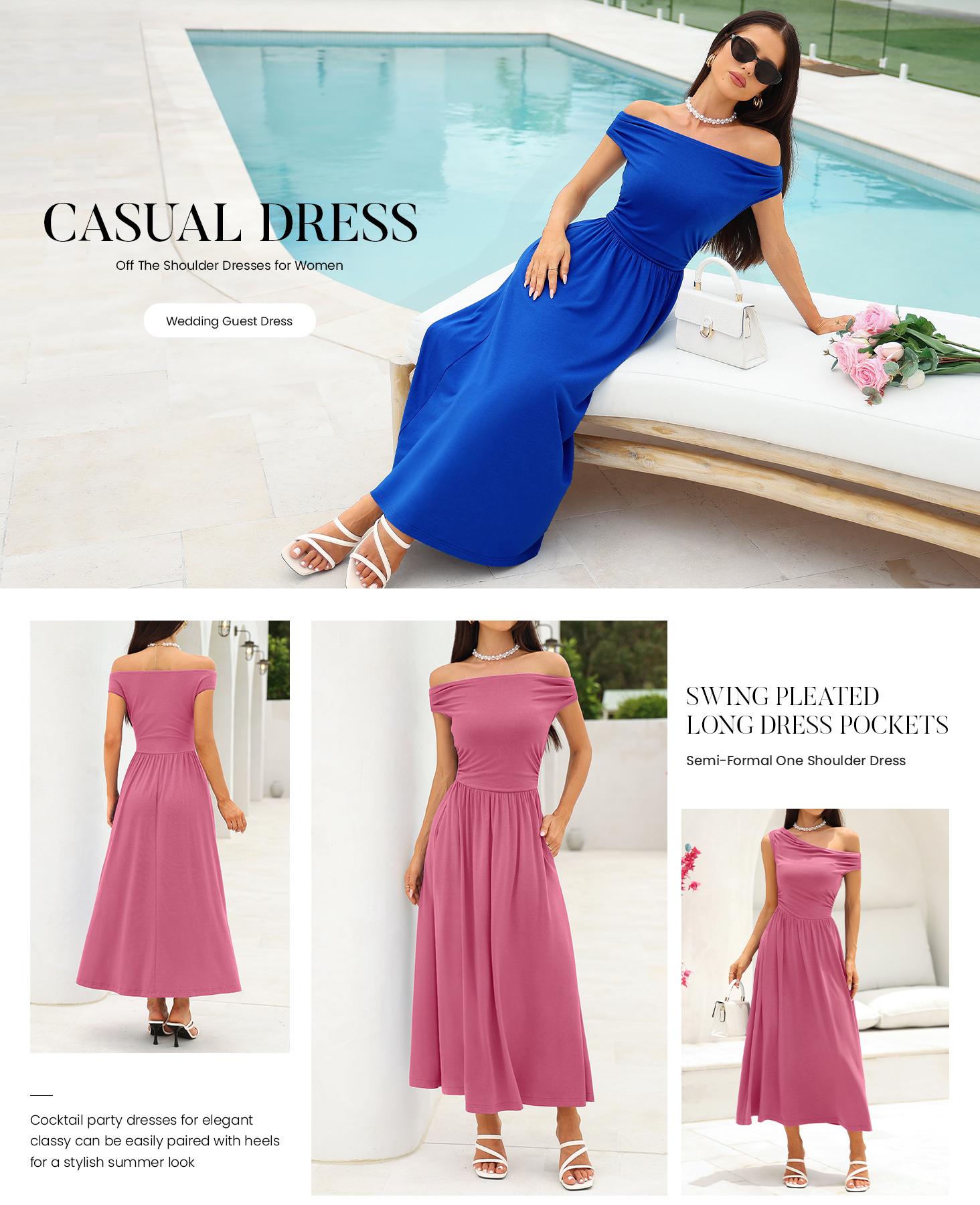 BTFBM Women’s Casual Dresses Spring 2026 Sleeveless Off The Shoulder Dress Slim Swing Pleated Beach Maxi Sundress Pocket