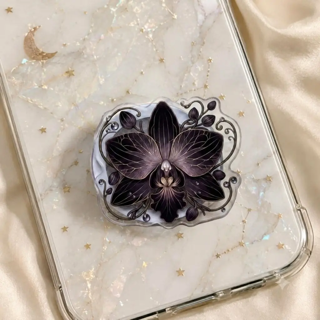 Gothic Floral Phone Grip Stand Artistic Black Orchid PopSocket for iPhone and Android Secure Grip Holder