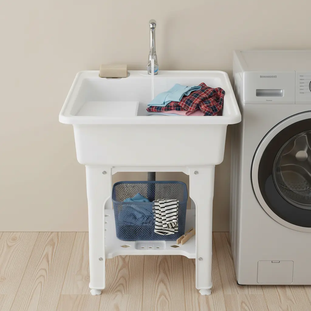 Freestanding Laundry Sink with Washboard and Faucet for Garage Basement Pet Bath Storage