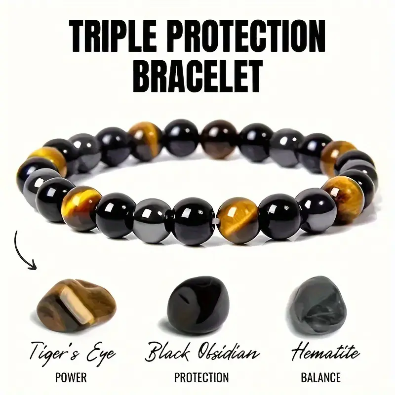 Unisex Crystal Beaded Bracelet with 8mm Black Obsidian & Tiger Eye, Stretch Jewelry for Daily Courage, Focus & Grounding, Jewelry Bracelet, Beaded Strand Bracelet
