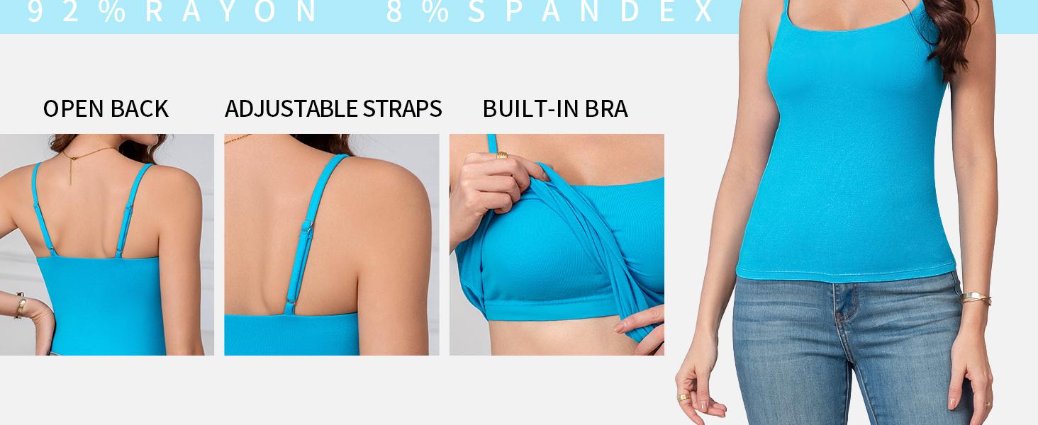 ATTRACO  Women's Square Neck Tank Top  Built-in bra Basic Tops Sharp Collection Adjustable Spaghetti Straps Sleeveless