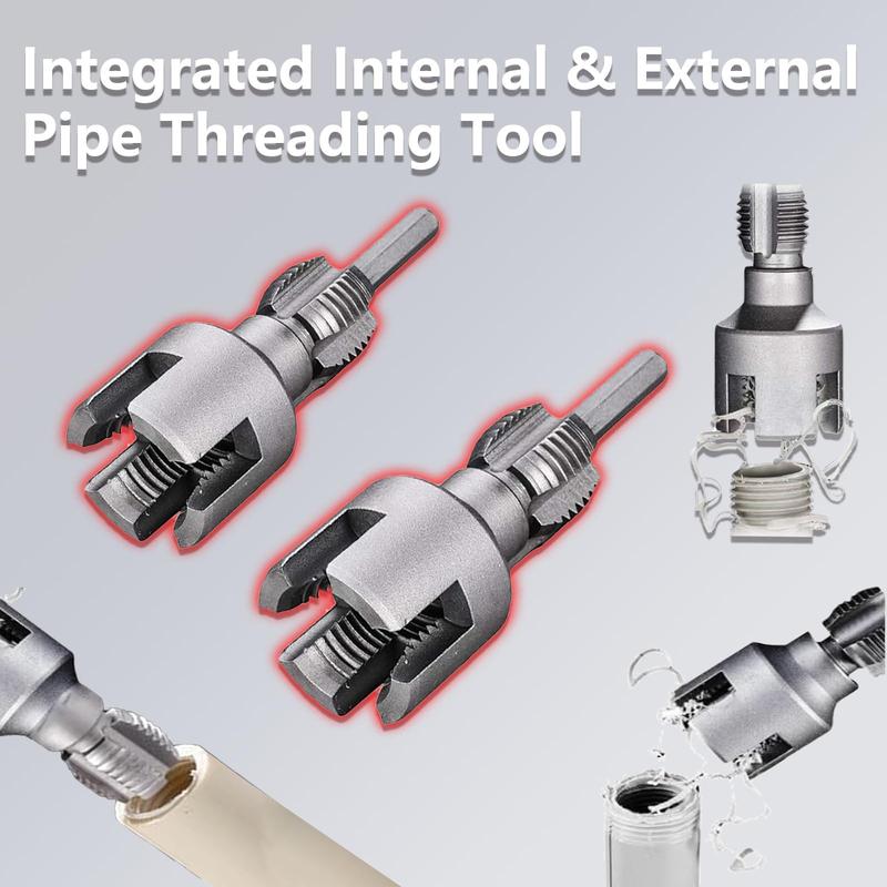 2PCS Integrated Internal & External Pipe Threading Tool with 1/2'' & 3/4'' Dies, Electric Drill Compatible 2 in 1 Pvc Pipe Threader Kit, Dual-Function Pipe Thread Cutting Tool