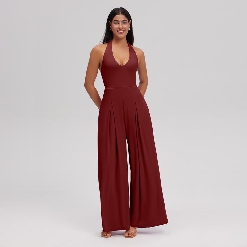 OQQ Women's Ribbed Backless One-Piece Jumpsuits - Wide Leg Sleeveless Deep V-Neck Casual Fashion Sporty Aesthetic Chic Everyday Outfit