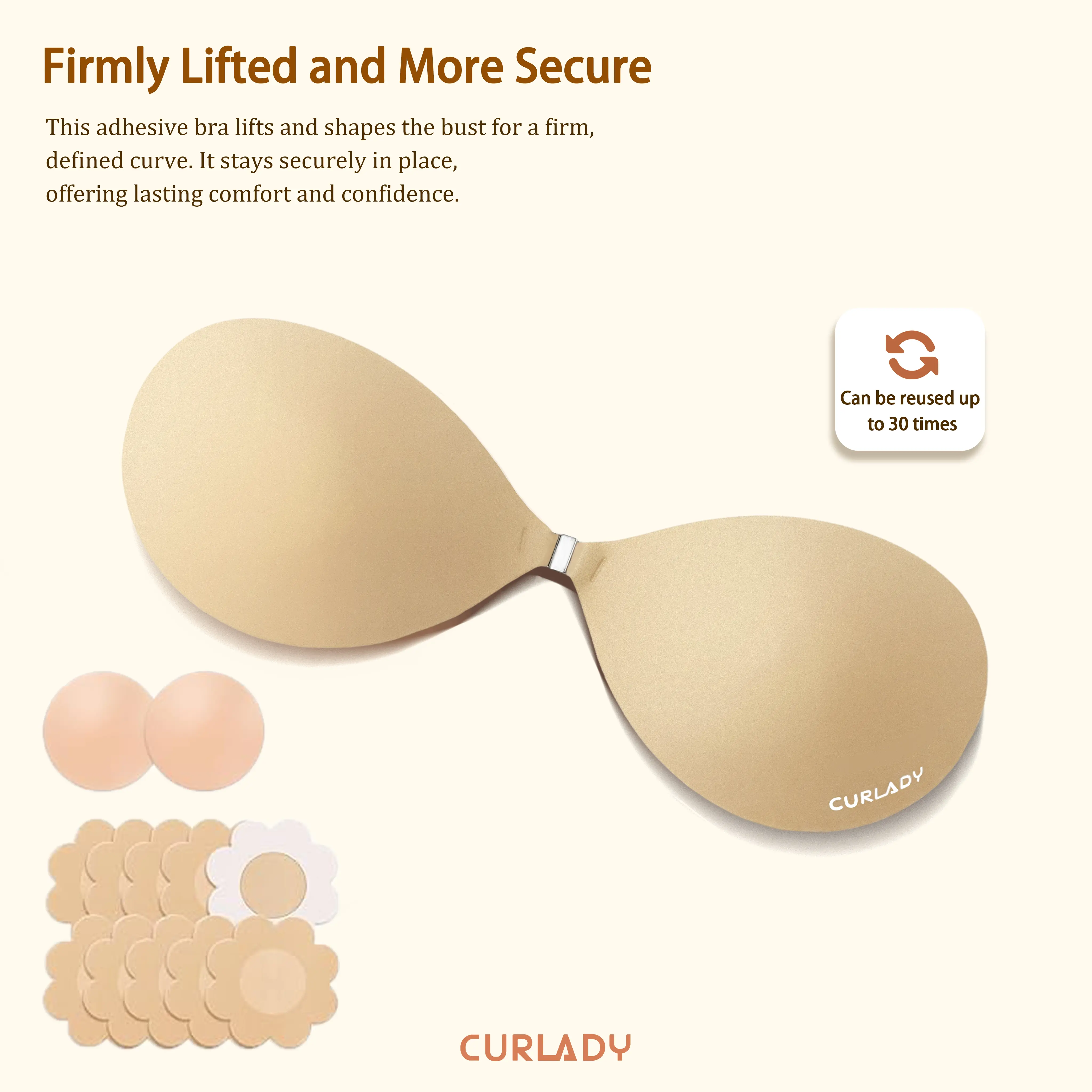 Curlady Push-Up Adhesive Bra (Stronger Hold) Invisible, Seamless, Waterproof, Sweatproof, Reusable, Strapless MAX