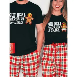 Graphic Tee Matching Gingerbread Character T-Shirts for Couples, Soft Cotton Fabric, Perfect for Holiday Pajama Parties and Cozy Nights In - Stylish and Fun Christmas Gift for Him and Her
