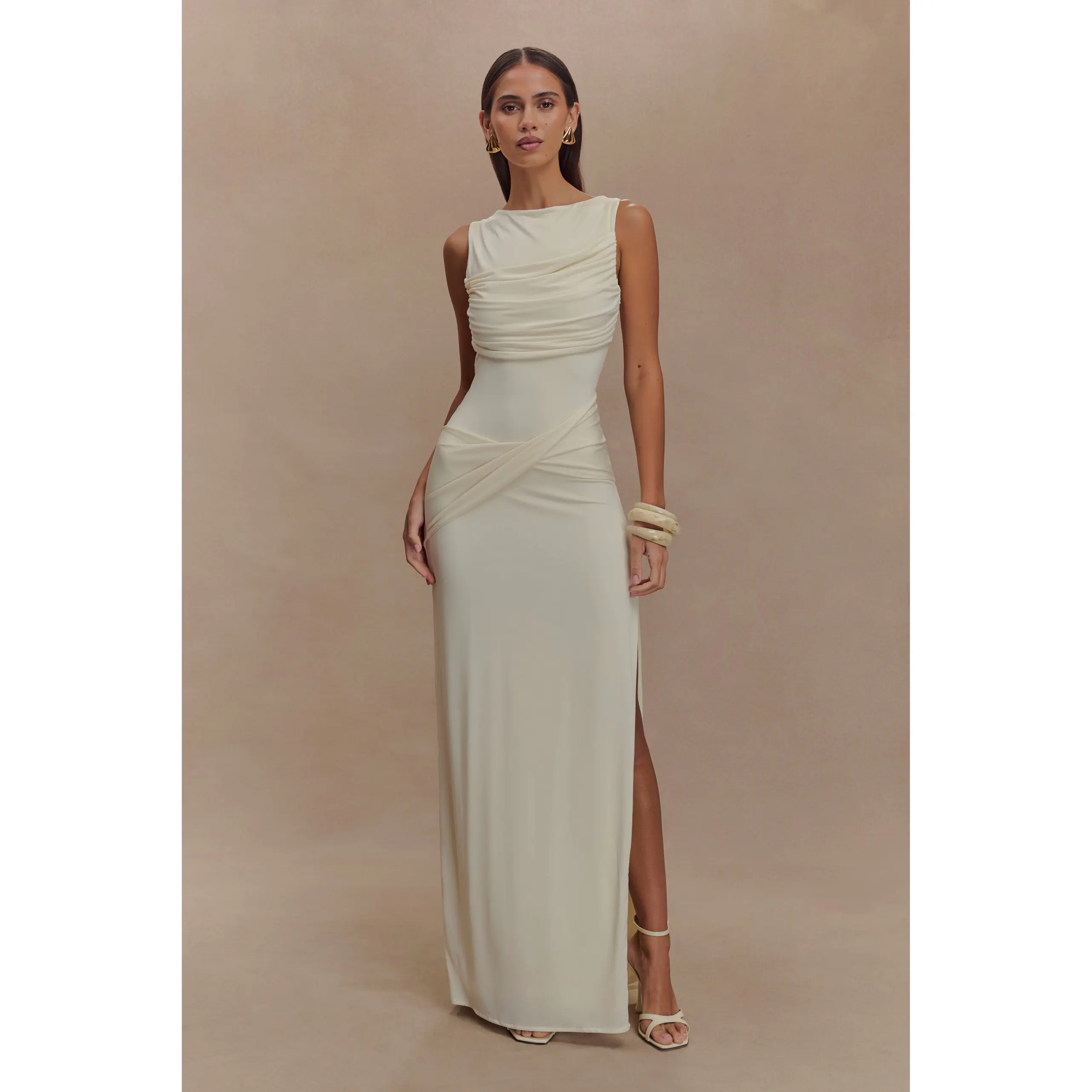 Henley Slinky Drape Maxi Dress - Ivory