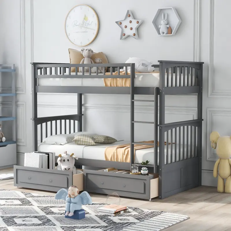Bellemave Convertible Double-Twin Bunk Bed with Drawers, Solid Pine Wood & MDF Construction, Sturdy Platform Frame, High Load Capacity, Fence-Shaped Guardrails, Easy Setup, Apartment Bedroom Furniture, Bed Frames