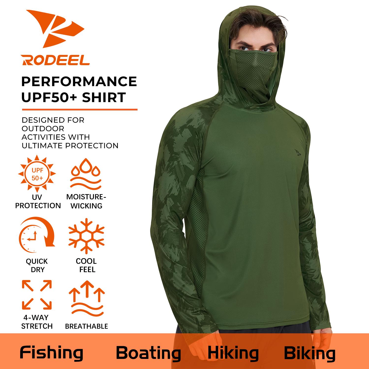 【RODEEL】915 Sun Hoodie Shirts w/ Mask Neck Gaiter Men UPF 50+ UV Protection Long Sleeve Lightweight Quick Dry Moisture Wicking Breathable Cooling Athletic Activewear for Outdoor Sport Fishing Boating Hiking Cycling Roofing Construction Tree Service