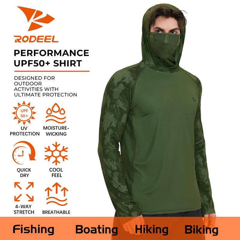 【RODEEL】915 Sun Hoodie Shirts w/ Mask Neck Gaiter Men UPF 50+ UV Protection Long Sleeve Lightweight Quick Dry Moisture Wicking Breathable Cooling Athletic Activewear for Outdoor Sports Fishing Hiking Roofing Landscaping Construction, Holiday Gift