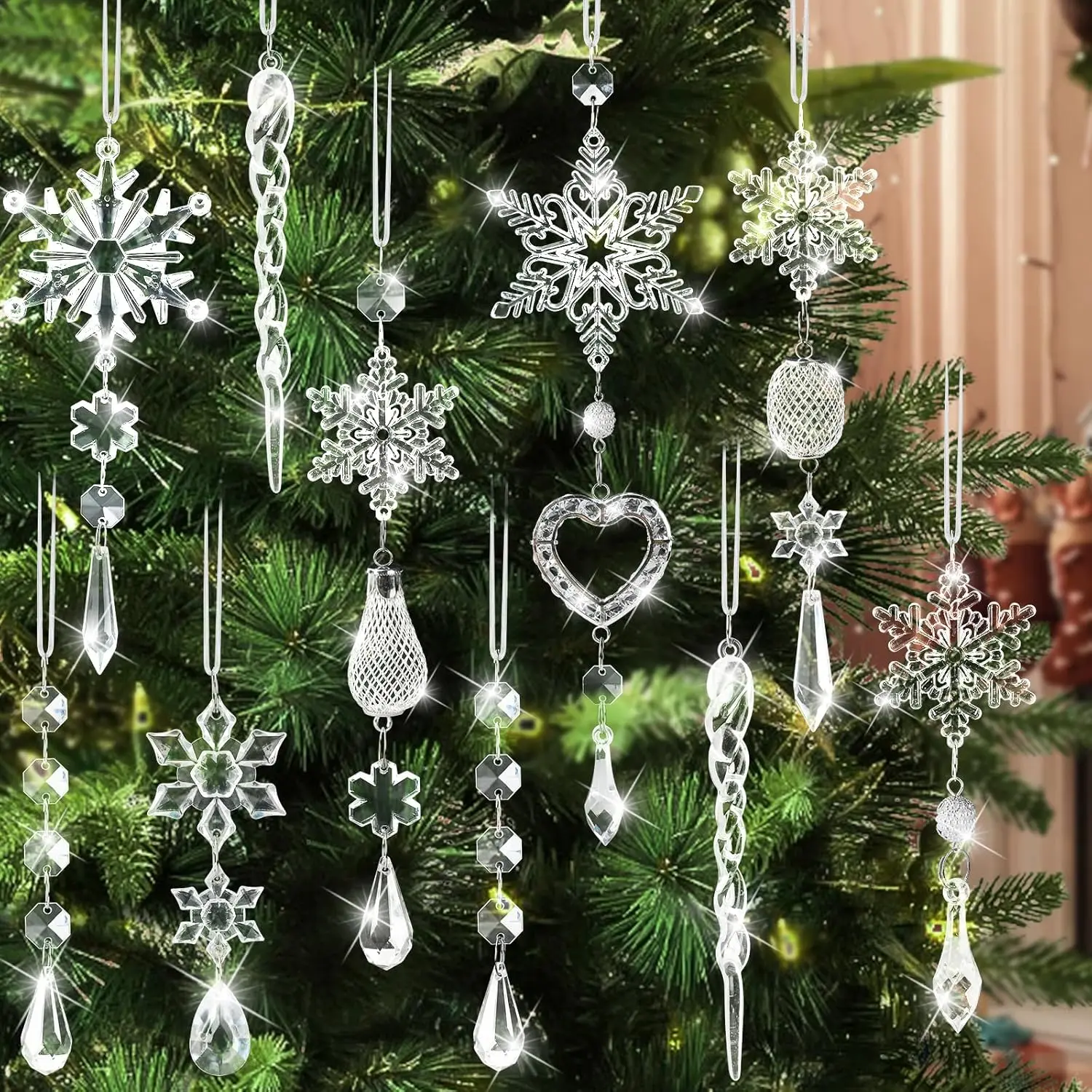 Limited Christmas Sale: 21pcs Acrylic Crystal Snowflake Hanging Ornaments, Lightweight Traditional Decor for Christmas Tree, Festive Home Accents, Gift