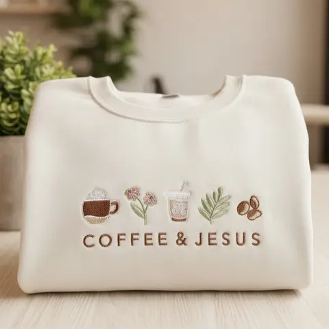 Coffee & Jesus Embroidered Sweatshirt – JERZEES Christian Crewneck for Coffee Lovers, Faith-Based Apparel