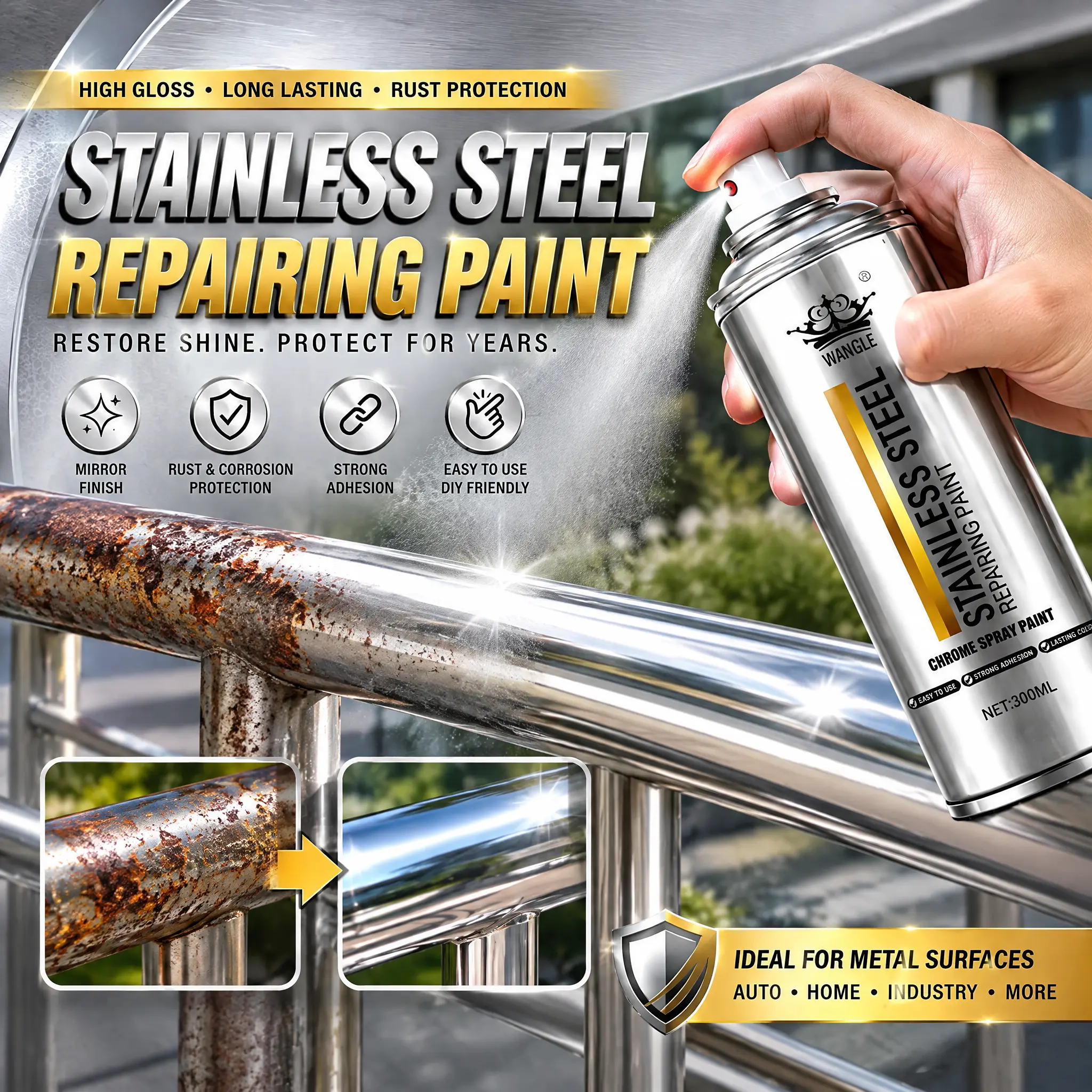 Professional Chrome Coating Spray Beginner-FriendlyHousehold Cleaner, Durable Protective Layer, Low-Odor Rust& Corrosion Protection for Faded Metal Surfaces, Cars,Bikes, Indoor Decorative Metals, Protect Against Rust AndCorrosion, Metal Rene