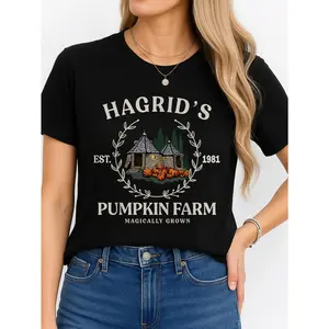Hagrids Pumpkin Farm Black T Shirt Harry Potter Inspired Magic Theme Casual Wear Personalized Unisex Women Top All Seasons Comfortable Breathable Short Sleeve Tee Suitable For Any Outfit Made In Usa