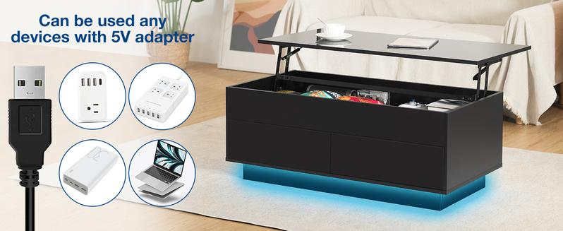 HOMMPA LED Coffee Table with Lift Top Morden Coffee Table with Storage High Gloss Black Sofa Table for Living Room Center Tables Hidden Compartment & 2 Drawers