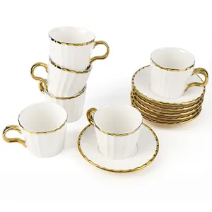 Espresso Cups with Saucers, 3.5 oz Turkish Coffee Cup With Gold Trim, Ceramic Tea Cups for Espresso Cappuccino Latte Mocha, Idea Gift, Dishwasher & Microwave Safe (Gold)