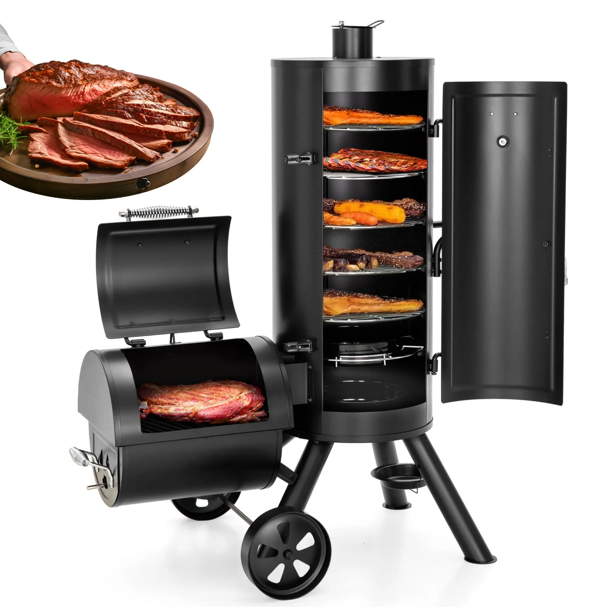 Captiva Designs Charcoal Heavy-Duty Vertical Offset Smoker, 961 SQ. IN. Cooking Area with 5-Layer & 106 SQ. IN. Offset Cooking Grates, Removable Grates, Outdoor BBQ Food Grills