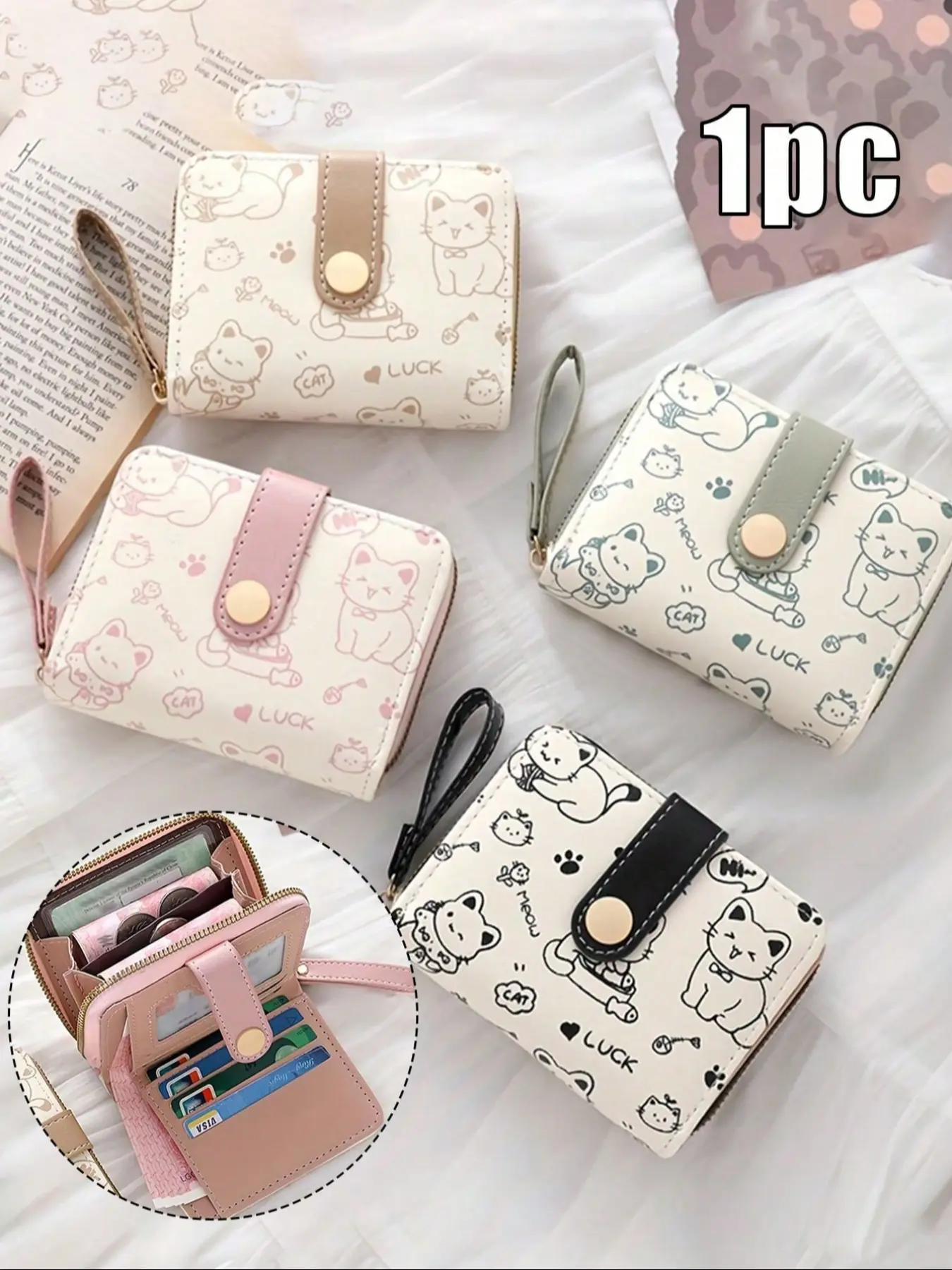 Women's Mini Wallet with Cute Cat Pattern, Small Zipper Coin Purse, Multiple Card Slots, Wrist Strap, Wristlet Wallet, Large Capacity, Fashionable Faux Leather, Kawaii Wallet