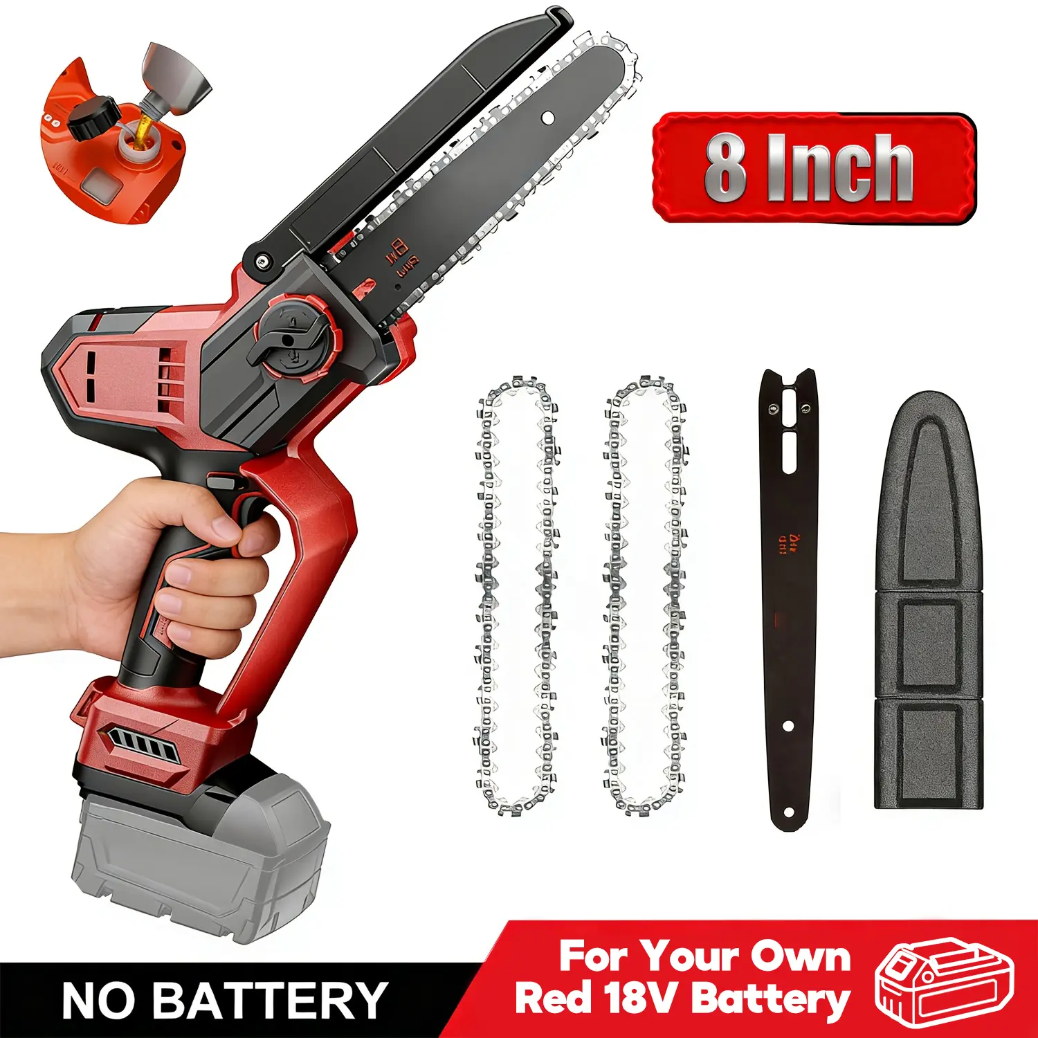 8 in Brushless Cordless Mini Chainsaw Tool with Plastic Body, Portable Electric Pruner for Milwaukee M18 Battery, Auto Oiler, Auto-Tension, Handheld for Tree Trimming & Wood Cutting, Brushless Power