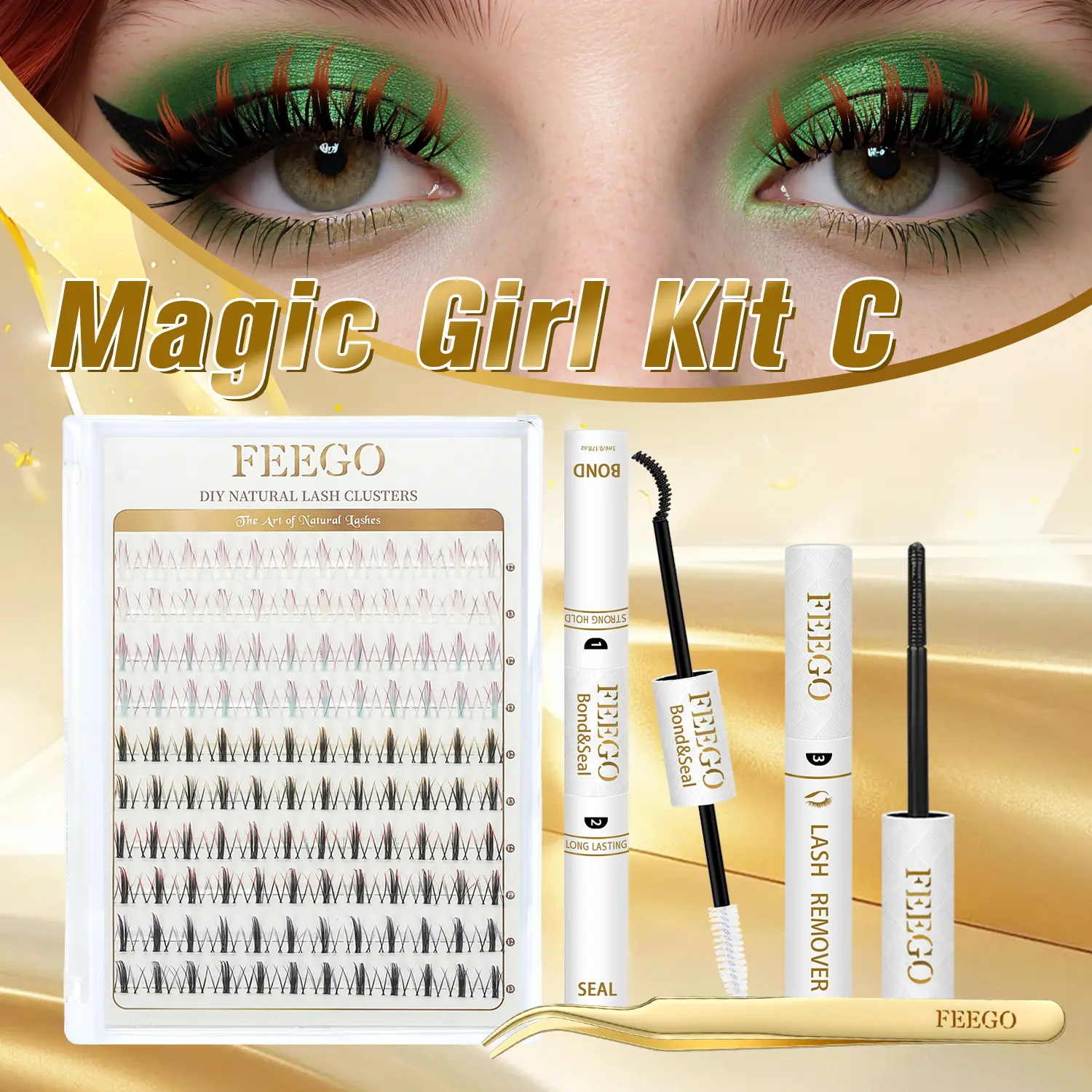 FEEGO Manga graduated color lashes Mink Colorful False Eyelashes Wispy Cat Eye Style with Color Tips Lightweight Reusable Dramatic 3D Effect Wet-Look Spiky Anime Lashes Lash Clusters Gradual-changing clouds, little devil