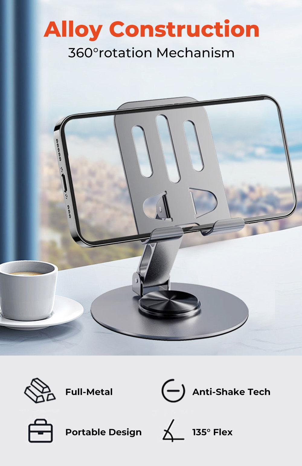 MUNBYN 360° Stable Alloy Phone and Tablet Holder, Portable Ultra Strong Support, Suitable for Home and Office, Durable Black Smartphone Stand