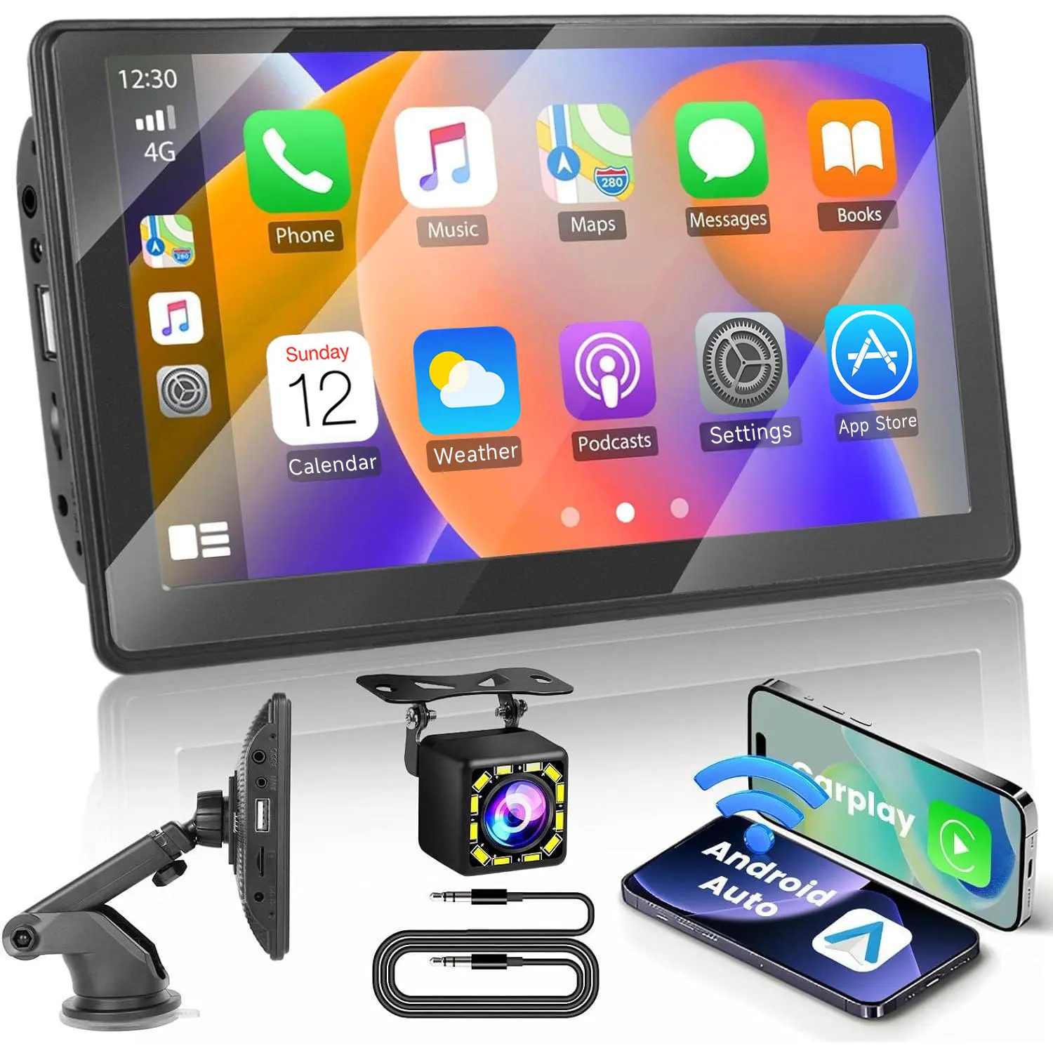 7-Inch HD 1024x600 360° Rotatable Touchscreen Portable Car Video Player - Wireless CarPlay, Android Auto, Bluetooth Adapter, GPS Navigation, TF Card/APE Music Playback, FM Transmitter, AUX Radio, 12V-32V Vehicle Accessory, Portable Unit