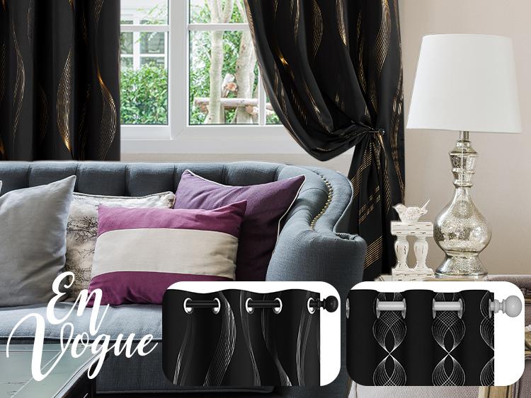 Blackout Curtains 2 panels, Deconovo Wave Striped Foil Golden Print Room Darkening Living Room Curtains curtain