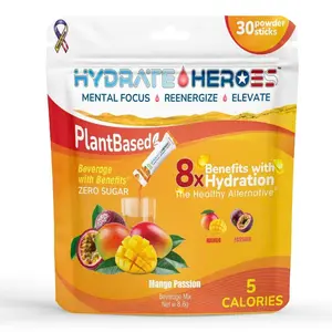 Hydrate Heroes Mango Passionfruit 30 Individual Powder Sticks PlantBased Zero Sugar Low Sodium Hydration Drink
