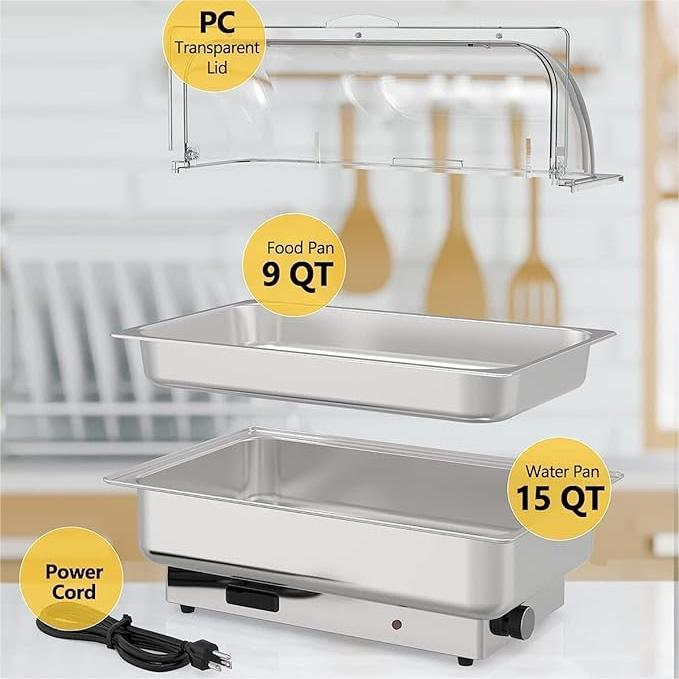 【GARVEE】9QT Electric Chafing Dish Set 2-in-1 Stainless Steel Buffet Warmer with Adjustable Thermostat Portable Food Warmer for Catering Banquets Parties Multifunctional Durable All Purpose Grilling Indoor Grill Buffet Server Universal Griddle