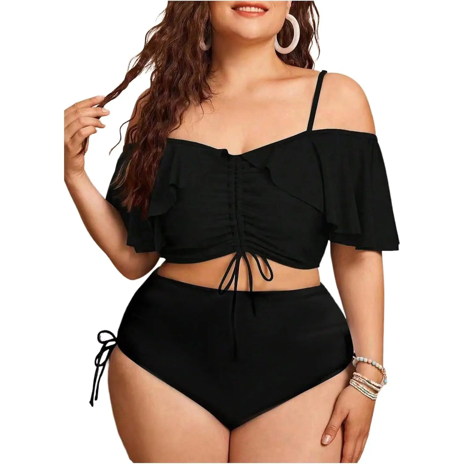 Women's 2-Piece Chic Ruffled Bathing Suit - Solid Off-Shoulder Ruffle Top, High-Waisted Tummy Control Cheeky Bottoms, Breathable Ladies Fashion Beachwear Swimwear for Cruise