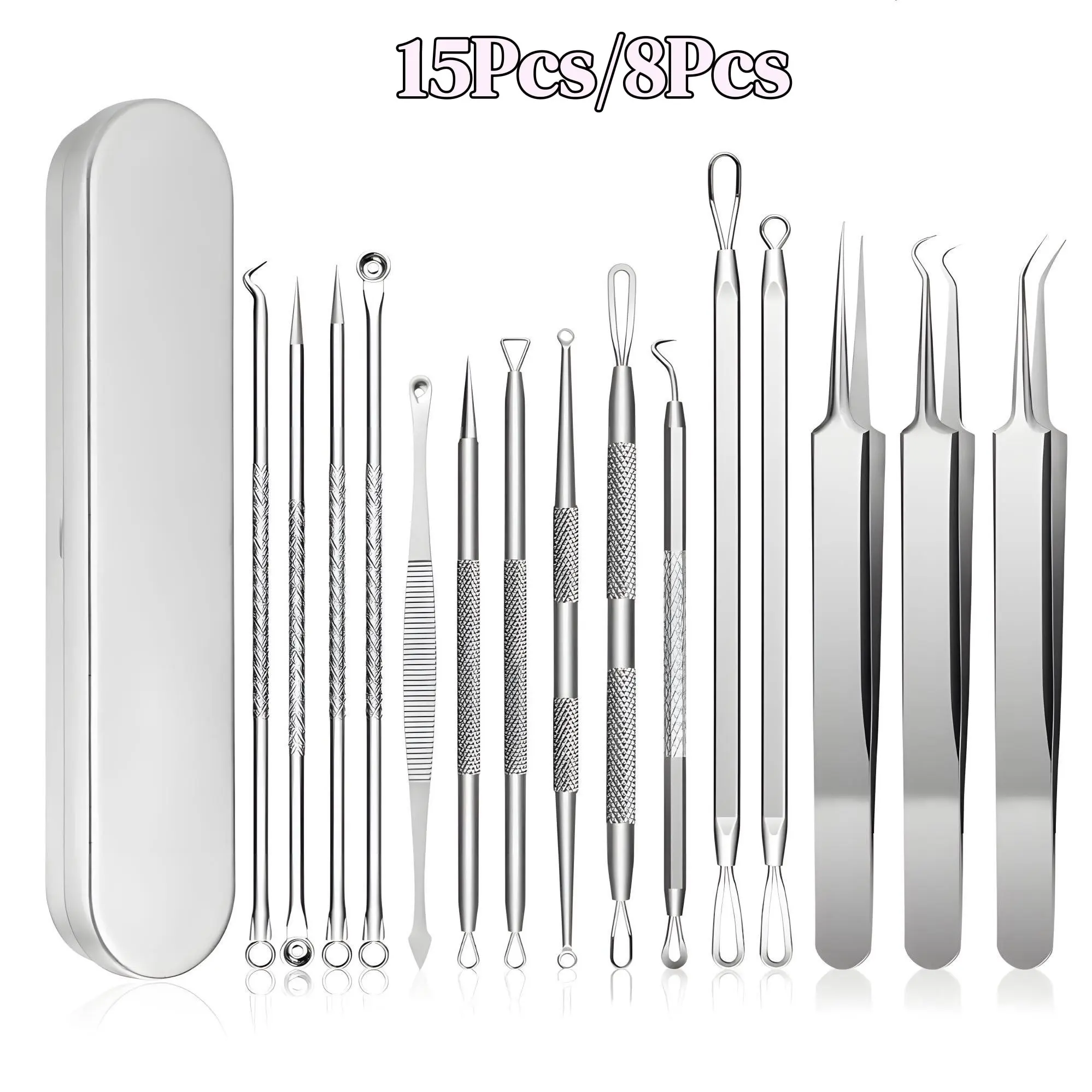Stainless Steel Skin Care Tool Set with Storage Box, 8/15pcs Professional Acne Pimple Extractor Kit, Blackhead Remover Tool, Facial Care Tools for Home Salon Use, Beauty Tools
