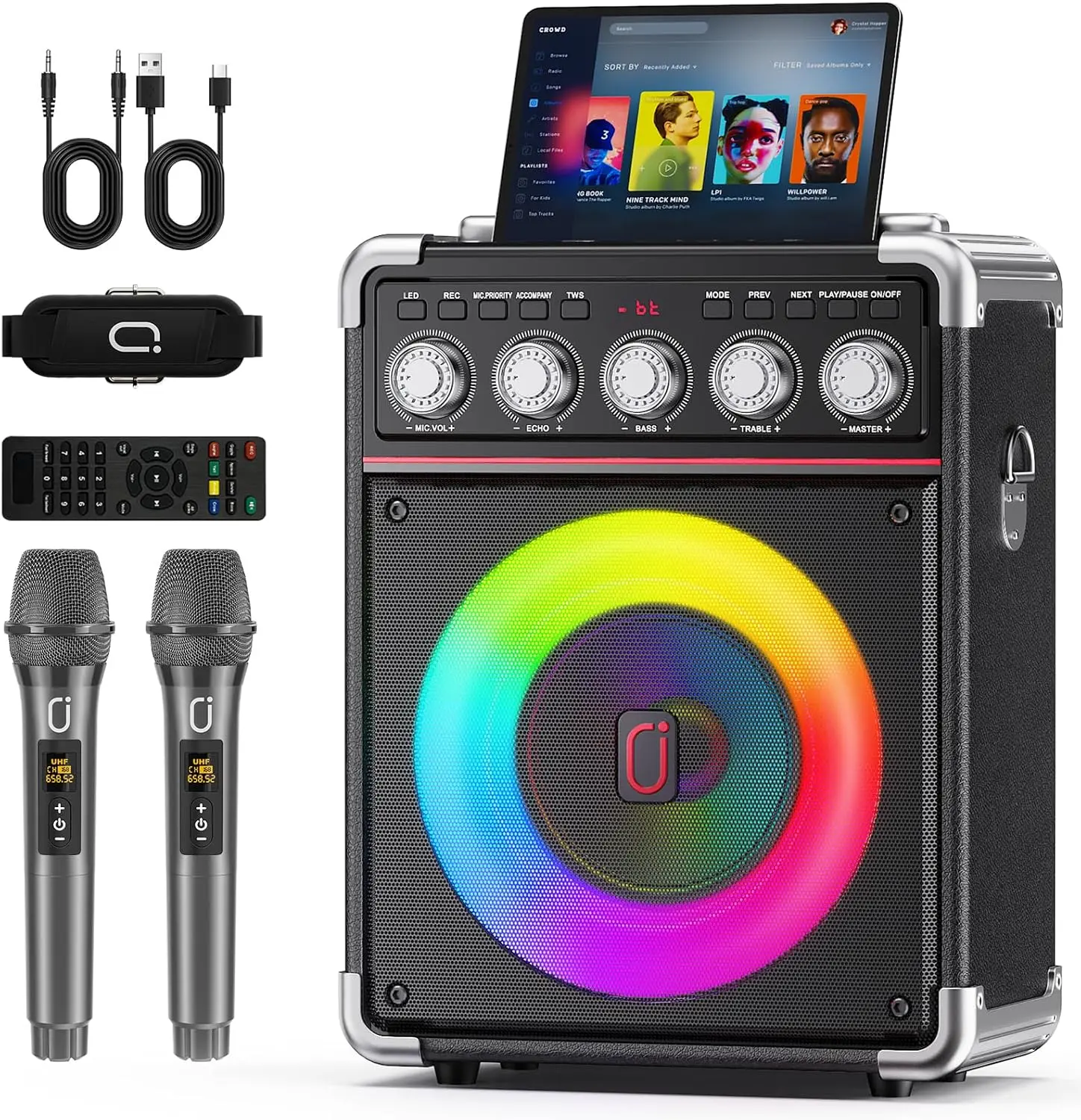 JYX  Karaoke Machine for Adults with 2 Wireless Microphones, Portable Bluetooth 5.3 Speaker with Bass/Treble/Echo Adjustment, PA System with Remote Control, Supports TWS/TV/TF Card/USB/AUX tiktokshopbacktoschool,back to school,back to school haul