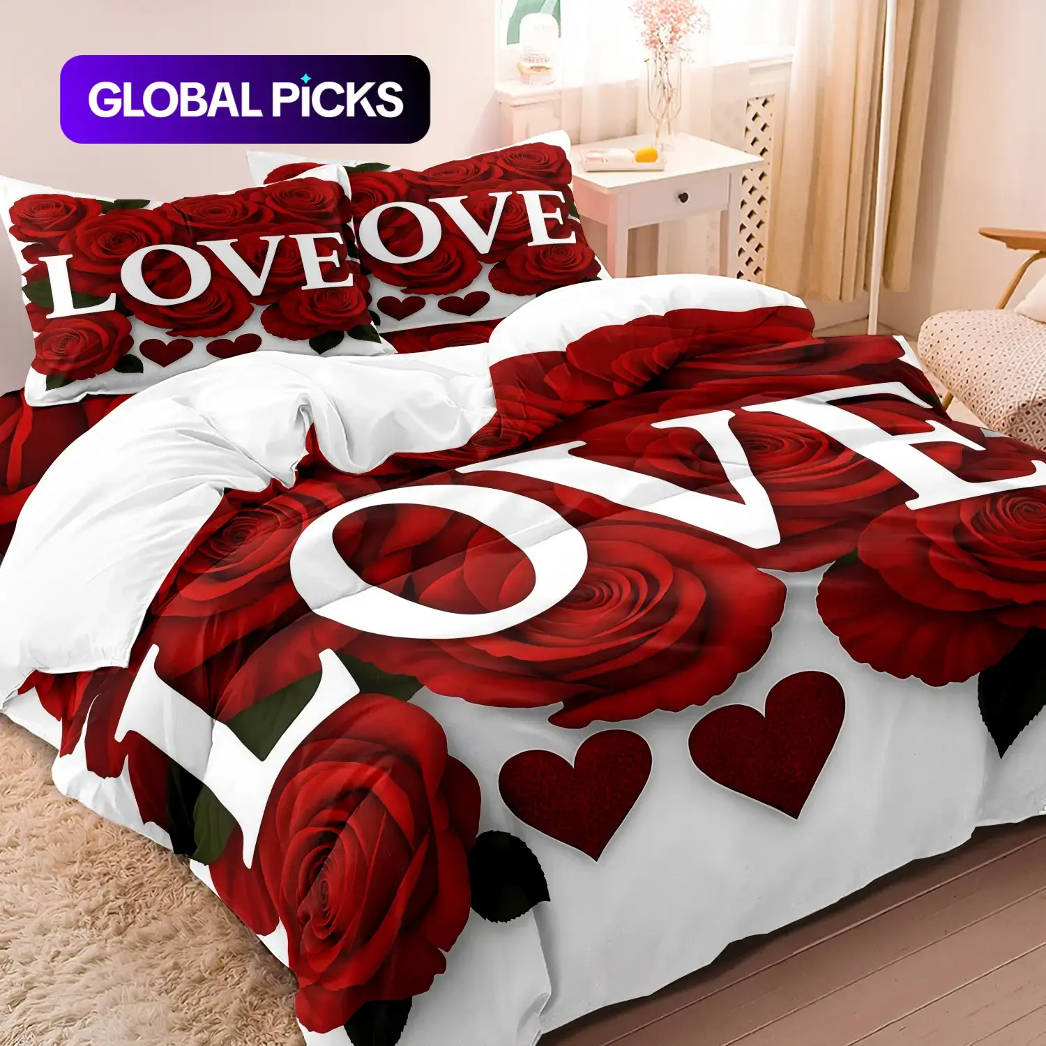 3-Piece Romantic Love Rose Pattern Duvet Cover Set, Soft & Comfortable Decorative Bedding, Theme Bedding Set for Bedroom, Guest Room & Dorm, Includes 1 Duvet Cover + 2 Pillowcases, No Comforter or Pillow Insert Included, Comfy Bed Sets #GLOBAL PICKS
