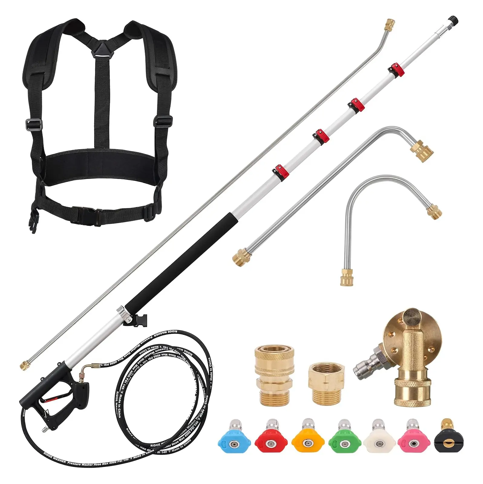 RIDGE WASHER 24 FT Telescoping Pressure Washer Wand, Pressure Washer Extension Wand, Telescopic Gutter Cleaner With 3 Curve Wands, 7 Spray Nozzle Tips, Adjustable Support Belt and 2 Adapters, 4000 PSI, DealsForYouDays