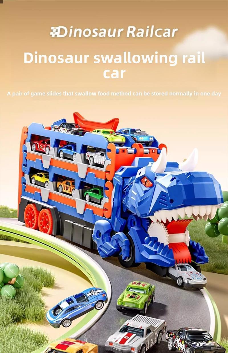 Dino Car Carrier Playset – Transforming Dinosaur Transport Truck with 12 Mini Die-Cast Cars, Launch Ramps & Storage, Toddler Toy for Ages 3–6 Transforming Dinosaur Transport Truck