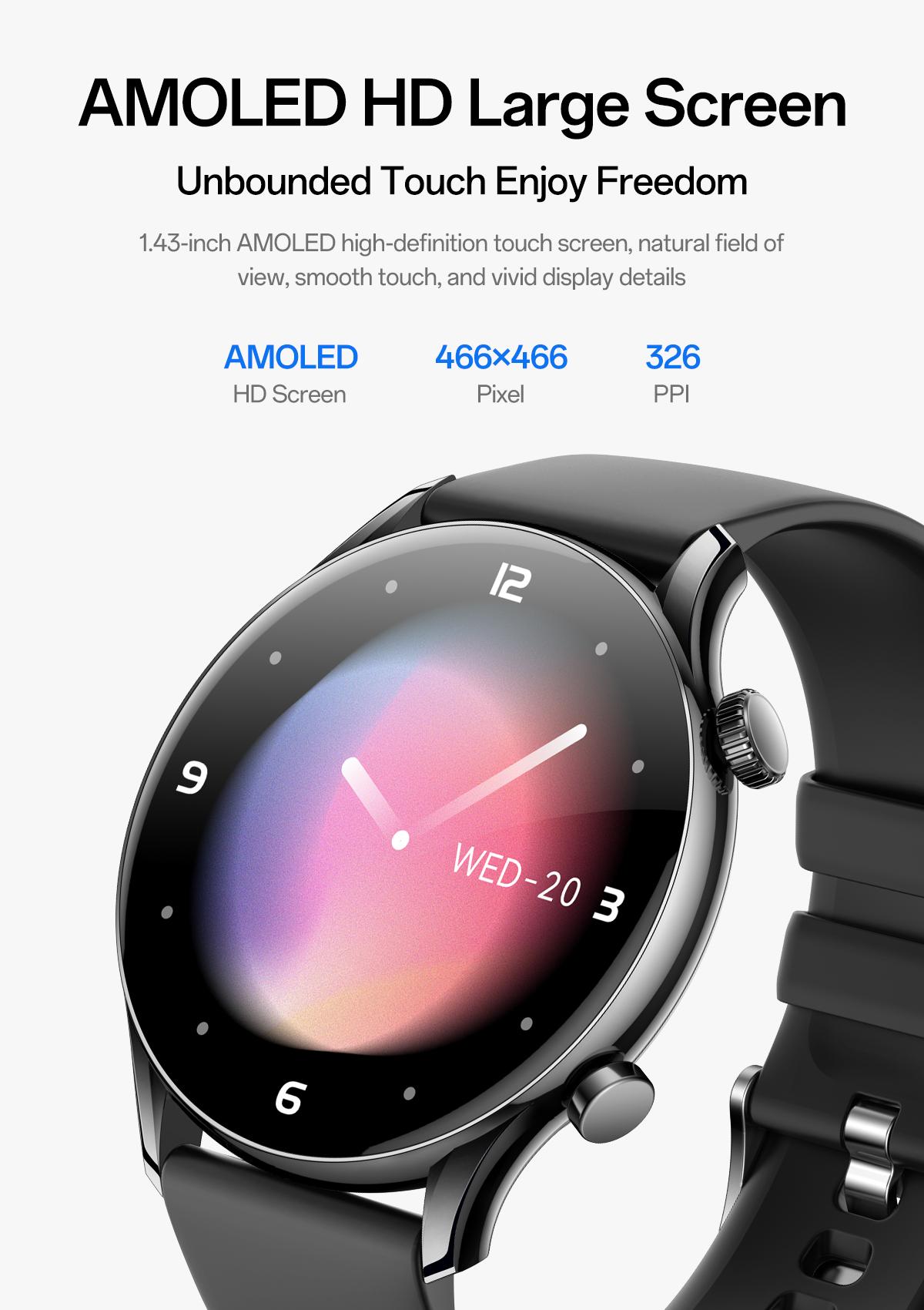 Aolon GTR3 Smartwatch — Stylish Spring Watch, 1.43" AMOLED HD display, AOD, heart rate monitoring, 110+ sports modes, waterproof, and up to 120-hour battery life. Compatible with iOS & Android, multiple colors, USB rechargeable, for Women & Men Aolon GTR3 Smartwatch — Stylish Spring Watch, 1.43" AMOLED HD display, AOD, heart rate monitoring, 110+ sports modes, waterproof, and up to 120-hour battery life. Compatible with iOS & Android, multiple colors, USB rechargeable, for Women & Men