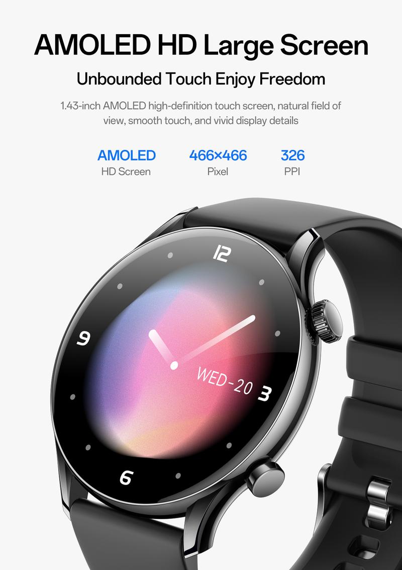 Aolon GTR3 Smartwatch — a perfect Valentine’s Day gift, 1.43" AMOLED HD display, AOD, heart rate monitoring, 110+ sports modes, waterproof, and up to 120-hour battery life. Compatible with iOS & Android, multiple colors, USB rechargeable, for Women & Men