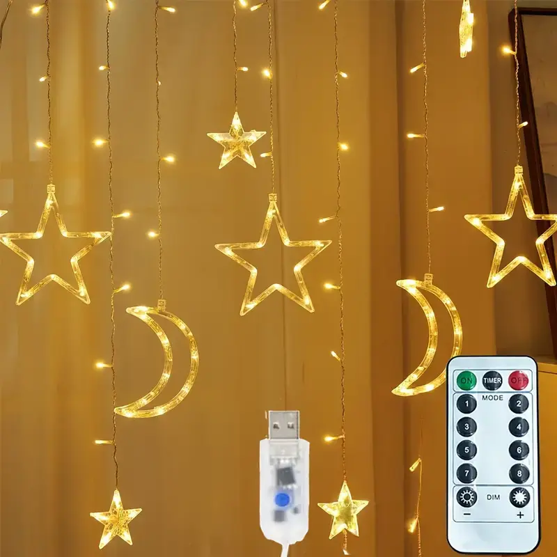 138-LED USB Curtain String Lights, Star Moon Icicle Star Garland with 8 Lighting Modes, Timer Remote, Dimmable Color Changing Light-Up Decor for Window Wall Home, Hanging Specialty Lighting, Led Lights