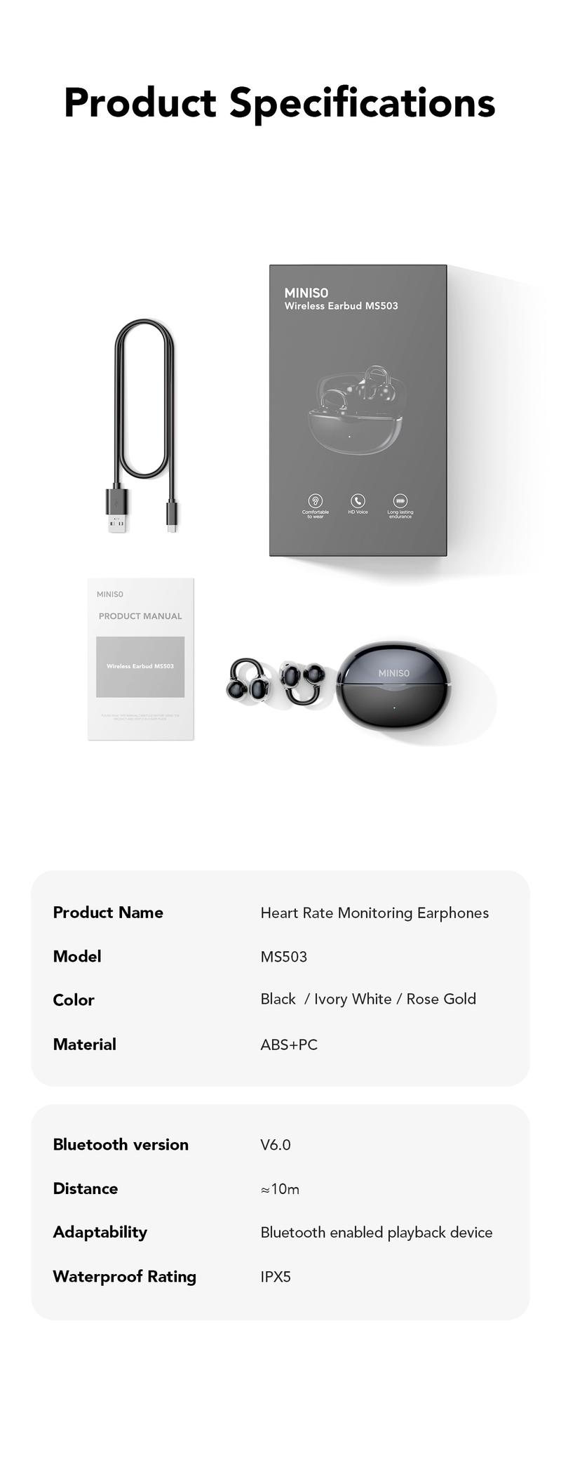 MINISO MS503 Heart Rate Monitoring Earbuds, Support Heart Rate and Blood Oxygen Detection,Clip On Wireless Headphones, Bluetooth 6.0 Earphones,  IPX5 Waterproof Audio Earbuds for Music & Calls, Comfortable for Sports