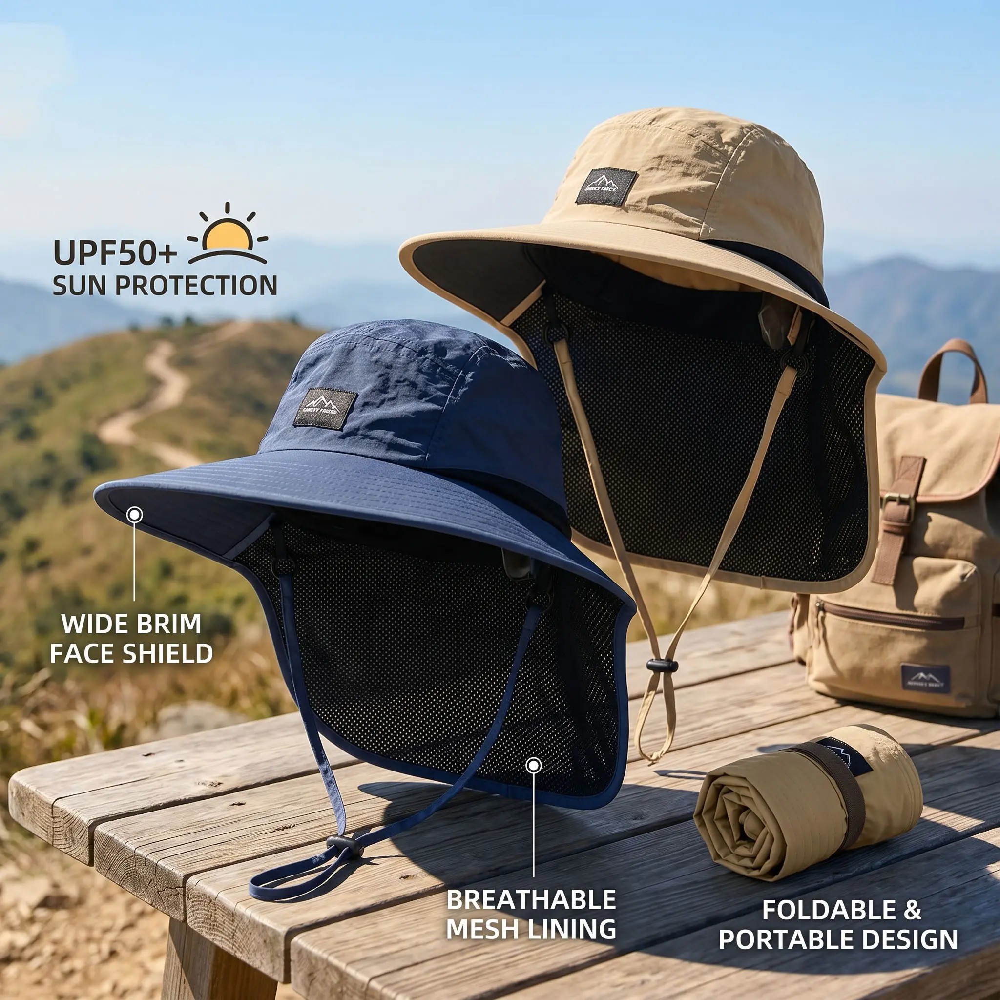 Men's & Women's Wide Brim Neck Flap Bucket Hat - High Quality, Quick-Dry Airy Nylon, UPF50+ UV Protection, Windproof, Adjustable Strap, Mountain Patch, Lightweight Beach Hat for Fishing Hiking Camping, High Quality Hat, Solar Fishing Hat