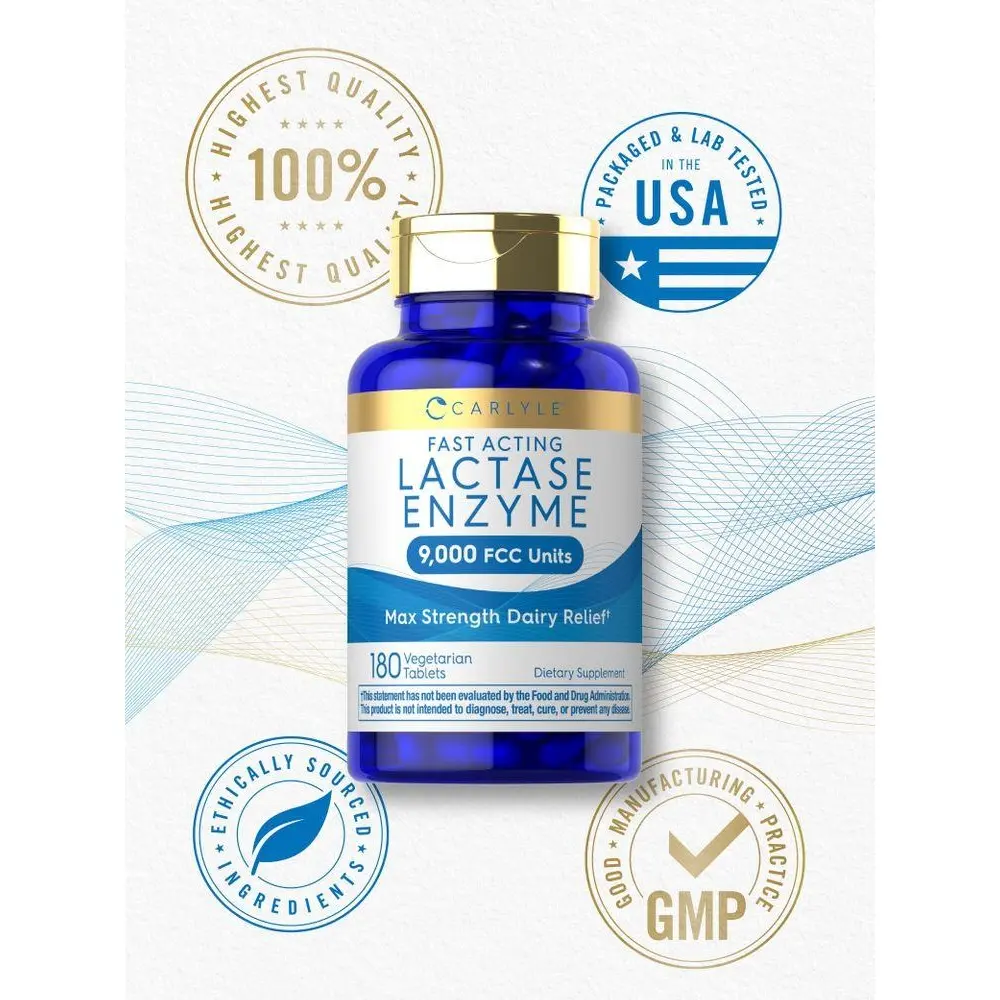 Carlyle Lactase Enzyme Pills 9000 FCC | 180 Tablets | Fast Acting Dairy ...