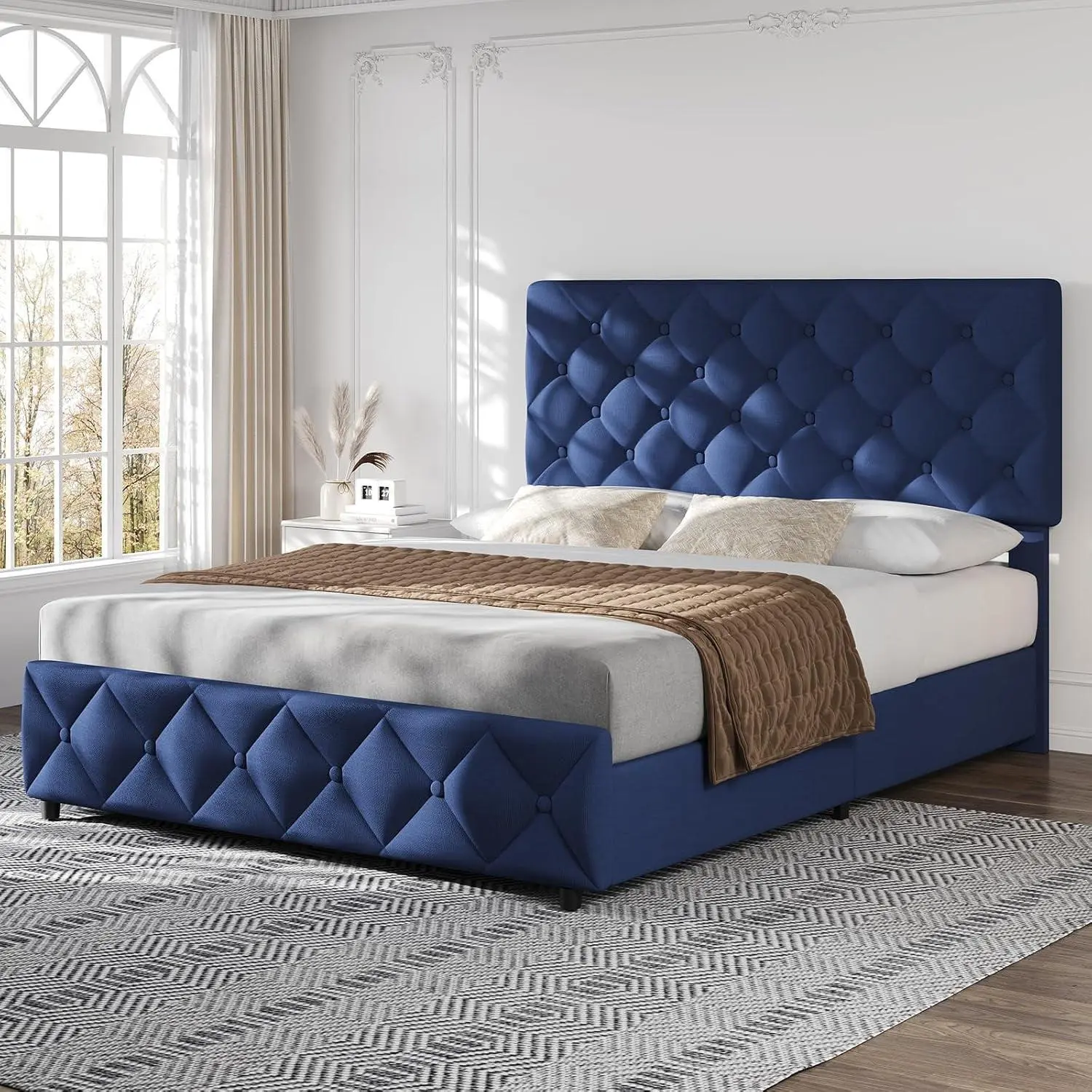Gaomon Queen Size Linen Upholstered Outdoor Platform Bed Frame - 290-Style, 4 Storage Drawers (Compartments), 42"-46" Adjustable High Headboard, Diamond Stitched Button Tufted, Durable Wood Slats Support, EVA Sponge Strips, No Box Spring Needed, Blue, 42"