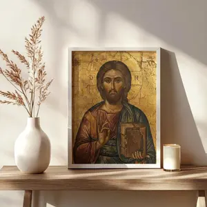 Christ Pantocrator Icon Print, Byzantine Orthodox Jesus, Gold Icon Wall Art No-Frame