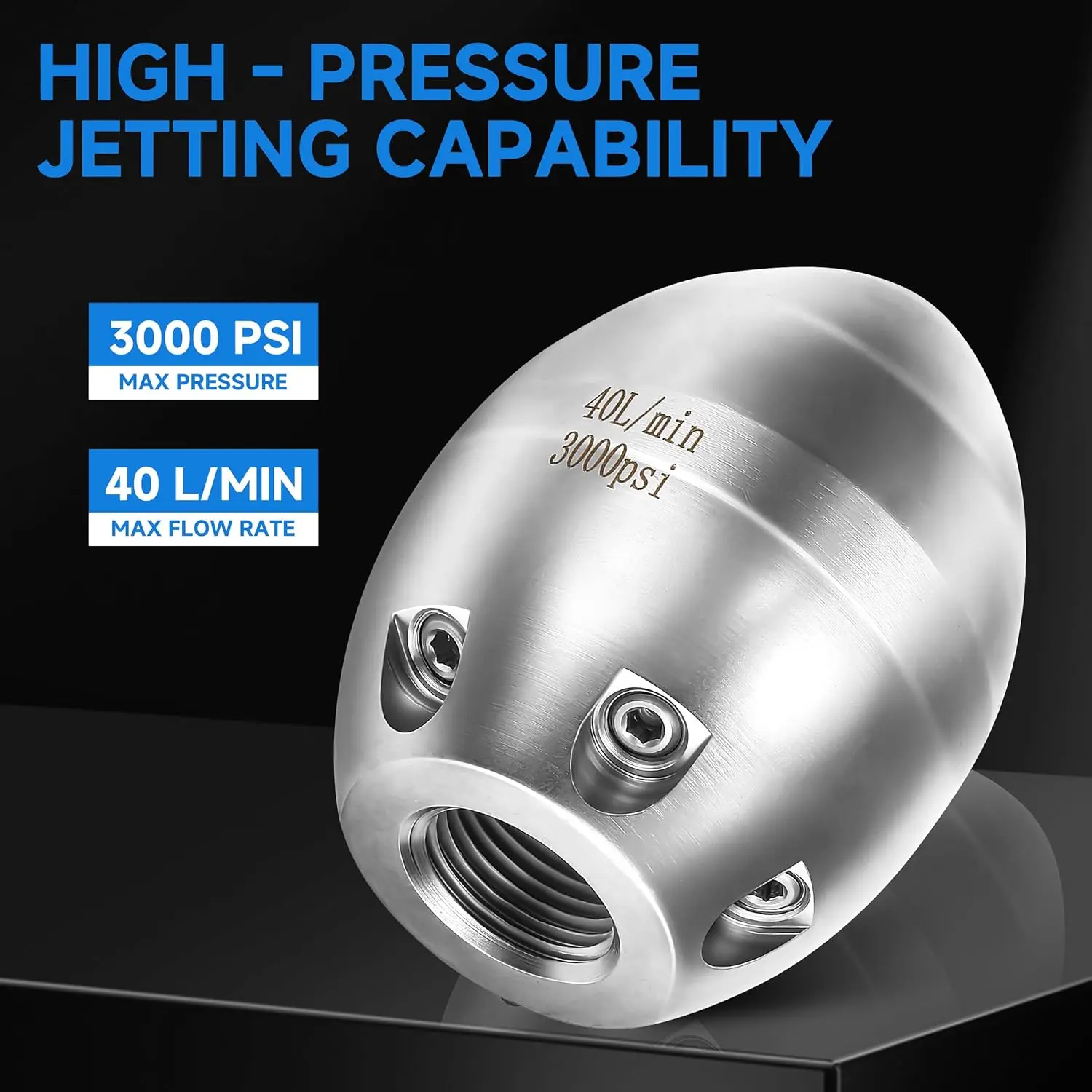 Tool Daily 3/8” NPT High Pressure Sewer Jetter Nozzle for Pressure Washer, Stainless Steel Drain Cleaning Nozzle, 40 L/Min, 3000 PSI, High Pressure Nozzles