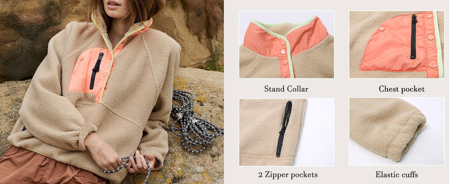 SCUSTY Women’s Lightweight Fleece Pullover Jacket Cropped Fall Winter Fuzzy Sherpa Jacket Sweatshirt Coat with Pockets