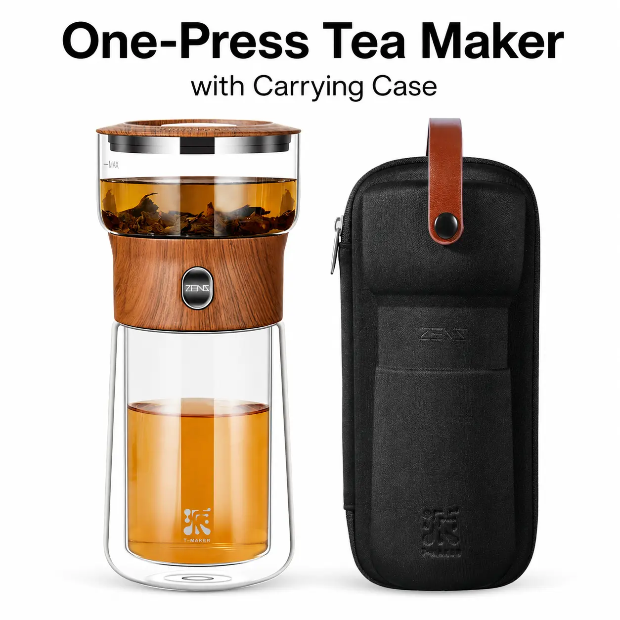 ZENS 9oz Double-Wall Stainless Steel Glass Tea Infuser Bottle with Handle, Wooden Accent, Carrying Case, Removable Loose Leaf Separator Cup - Modern Kitchenware Tea Tool for Office, Travel - Father's Day, Holiday Gifts, Christmas, Father's Day Gifts