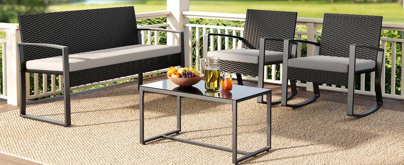 Gizoon 4 Piece Outdoor Patio Furniture Set Wicker Patio Furniture with Glass Coffee Table Rocking Wicker Bistro Set for Backyard Poolside Porch Gizoon 4 Piece Outdoor Patio Furniture Set Wicker Patio Furniture with Glass Coffee Table Rocking Wicker Bistro Set for Backyard Poolside Porch