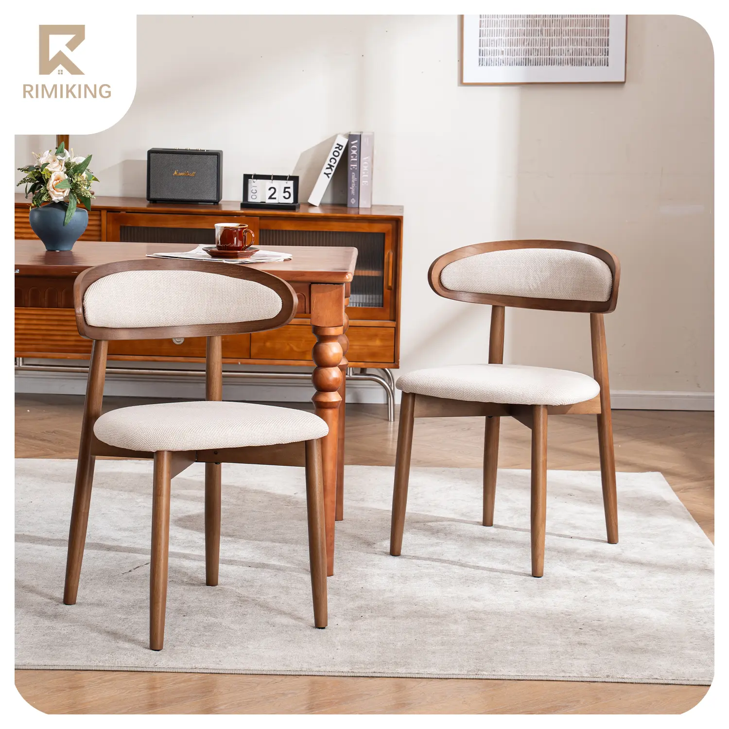 RIMIKING Upholstered Wooden Dining Chair Set (1 Carton 2 Pcs) - Indoor Furniture Chairs with Breathable Fabric Seat, Curved Back, Sturdy Rubberwood Legs, Adjustable ft, High-Density Foam, 6870, Father's Day Gift, Dining Chairs