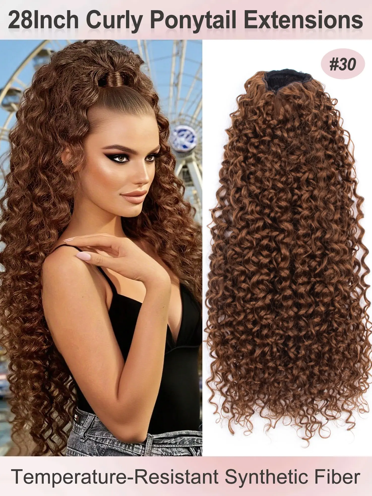 Synthetic Ponytail 28inch Long Curly Wave Drawstring, Afro Curly Fluffy Synthetic Fiber Hairpieces Extension Heat Resistant Clip-in Wig For Women, Weave Extensions, Synthetic Curly Wavy